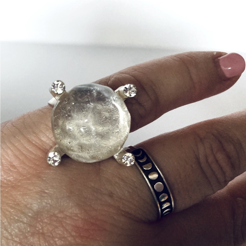 Cocktail Ring Adjustable Clear Round Resin & Crystal Cecile Jeanne Paris Sz 7